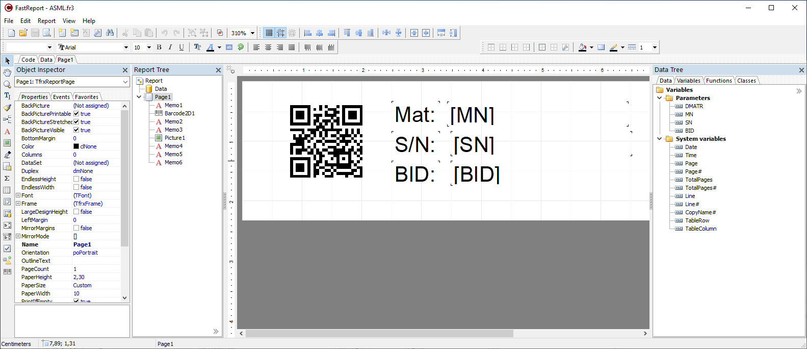 FastReport designer view with variables