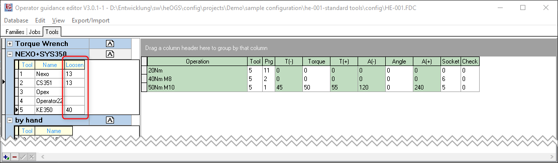 heOpCFG tool configuration - loosen program