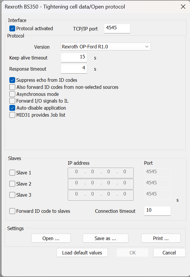 KE350 OpenProtocol settings
