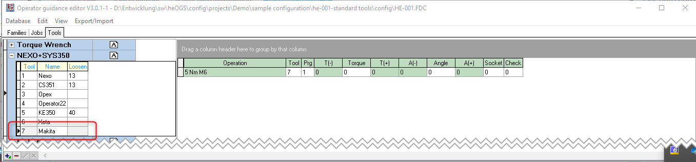 heOpCFG tool configuration - loosen program